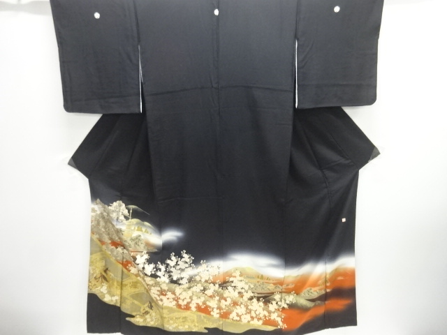 JAPANESE KIMONO / TOMESODE / KINSAI / PAGODA & MOUNTAIN SCENERY